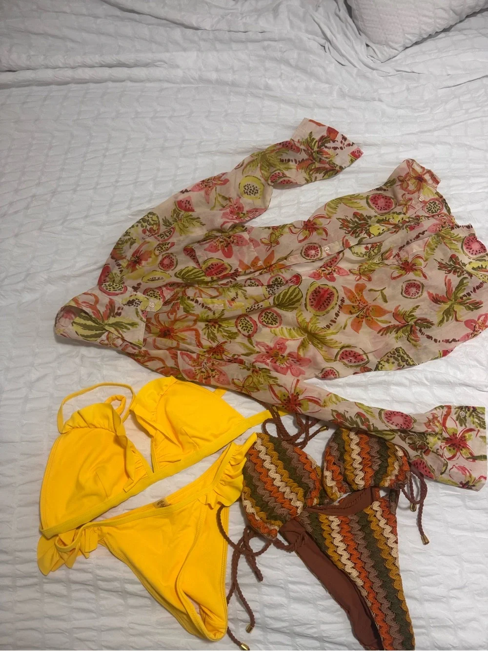 One-Piece Swim Cover and Two Bikini Set in Yellow, Brown, Green